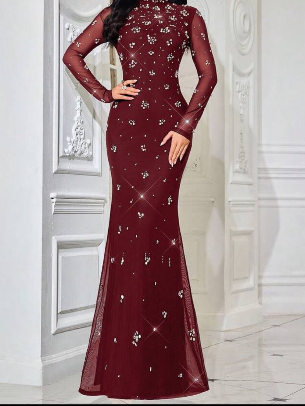 Women's Long Sleeve Burgundy Embellished Dress